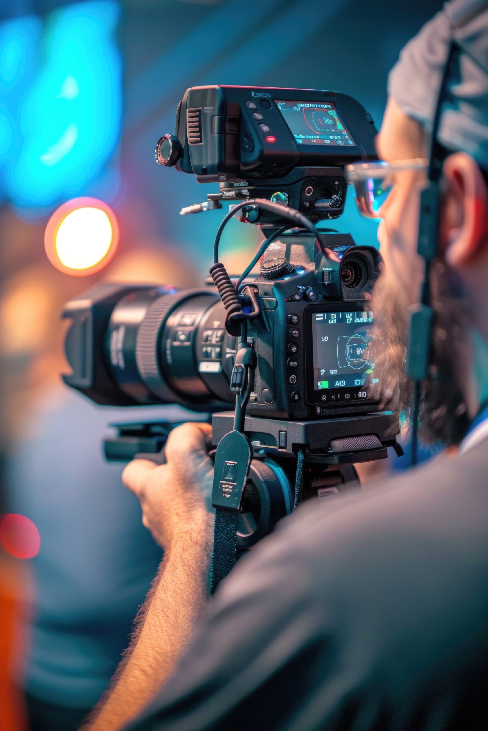 A man with a beard holding a video camera. Perfect for technology and videography concepts