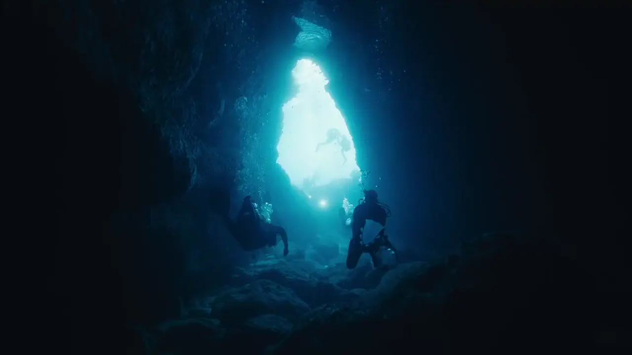 Taucher in einer Unterwasserhöhle vor Malta